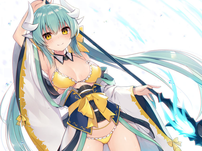 aqua_hair arm_up ass_visible_through_thighs bikini blush breasts closed_mouth cowboy_shot detached_collar eyebrows_visible_through_hair fate/grand_order fate_(series) frill_trim horns kiyohime_(fate/grand_order) kiyohime_(swimsuit_lancer)_(fate) long_hair medium_breasts muryou obi open_clothes polearm sash simple_background smile sweat swimsuit twintails very_long_hair weapon white_background wide_sleeves yellow_bikini yellow_eyes