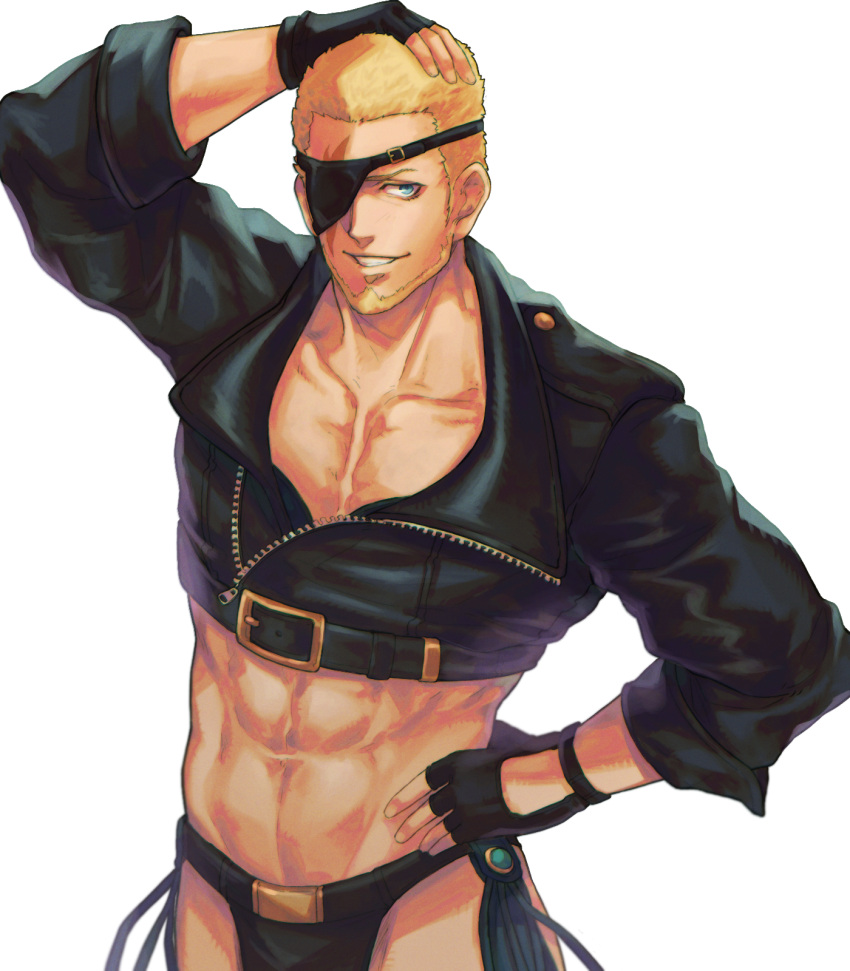 1boy abs angel_(kof) angel_(kof)_(cosplay) arm_up beard black_gloves black_jacket black_male_underwear blonde_hair blue_eyes chaps collarbone commentary cosplay cropped_jacket english_commentary eyepatch facial_hair fingerless_gloves gloves grin hand_on_hip hand_on_own_head happy highres jacket ktovhinao long_sleeves looking_at_viewer male_focus male_underwear pectoral_cleavage pectorals ramon_(kof) short_hair simple_background smile solo the_king_of_fighters toned toned_male underwear white_background zipper zipper_pull_tab
