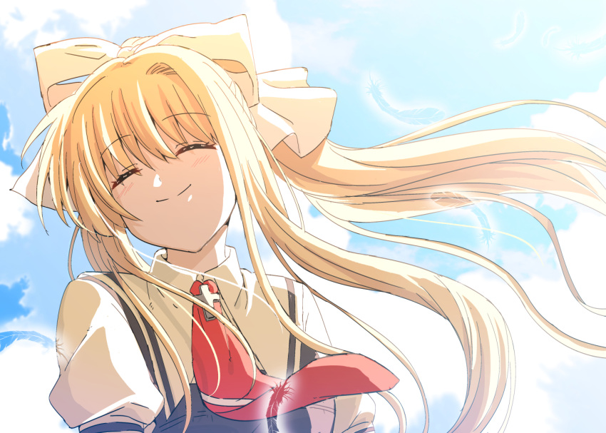 1girl air blonde_hair closed_eyes clouds cowboy_shot day hair_ribbon kamio_misuzu neckerchief outdoors ponytail red_neckerchief ribbon school_swimsuit shiime sky smile solo swimsuit white_ribbon