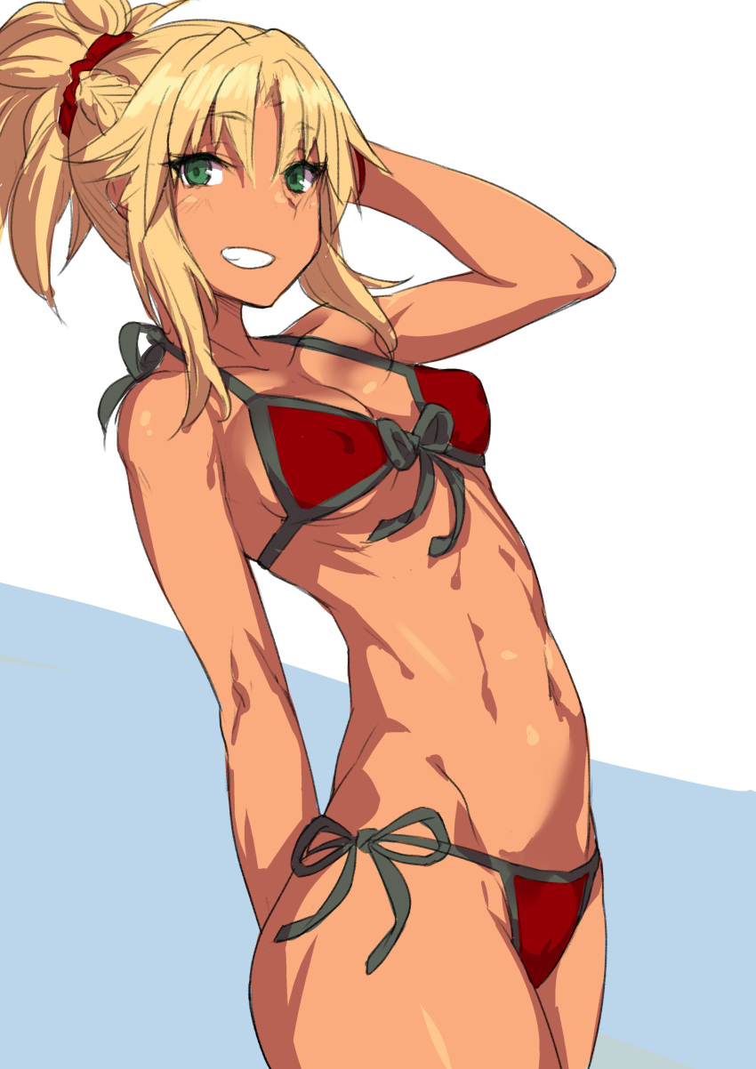 1girl absurdres arm_up ass bikini blonde_hair blue_background blush braid breasts cowboy_shot erect_nipples fate_(series) green_eyes grin hair_ornament hair_scrunchie highres long_hair looking_at_viewer medium_breasts mordred_(swimsuit_rider)_(fate) navel ponytail rama_(amaru) red_bikini saber_of_red scrunchie side-tie_bikini sidelocks simple_background smile solo standing swimsuit tan two-tone_background white_background