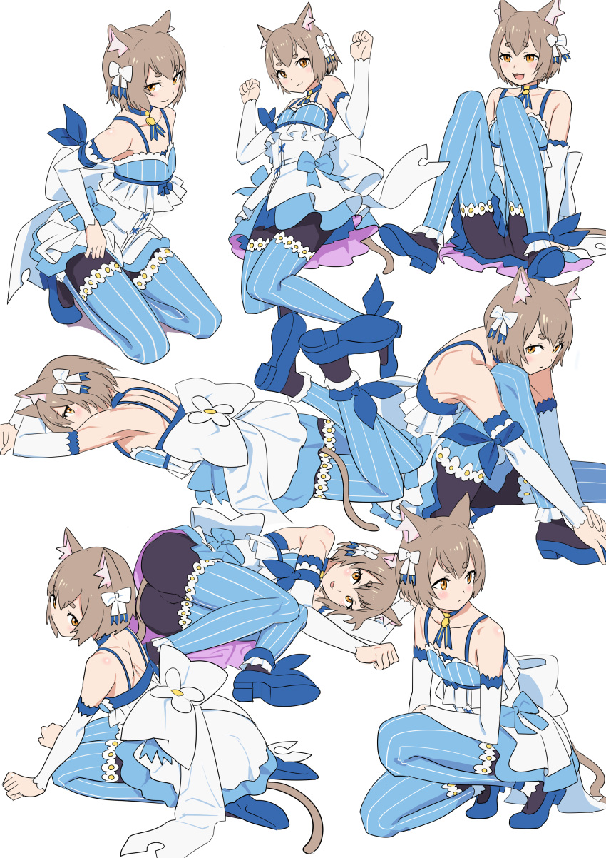 1boy :3 :d absurdres animal_ears ankle_ribbon arm_ribbon arm_support armpits arms_up bangs bare_shoulders black_legwear blue_bow blue_choker blue_dress blue_legwear blue_ribbon blue_shoes bob_cut bolo_tie bow bow_dress brown_hair cat_ears choker clenched_hands closed_mouth collarbone commentary_request cross-laced_clothes detached_sleeves dress dress_bow dress_lift eyebrows_visible_through_hair eyes_visible_through_hair felix_argyle frilled_dress frilled_legwear frills front-tie_top full_body hair_between_eyes hair_bow hair_ribbon highres jewelry jumping knee_up kneeling knees_together_feet_apart lace lace-trimmed_dress large_bow layered_dress leaning_forward legs_up looking_at_viewer looking_to_the_side lying male_focus momosuke_(ishakry) multiple_views on_side on_stomach open_mouth orange_eyes otoko_no_ko pantyhose parted_bangs pendant re:zero_kara_hajimeru_isekai_seikatsu ribbon seiza shoes short_dress short_hair shoulder_blades simple_background sitting smile spaghetti_strap squatting striped striped_legwear striped_ribbon thigh-highs thighhighs_over_pantyhose toeless_legwear upskirt vertical-striped_dress vertical-striped_legwear vertical_stripes white_background white_bow white_dress