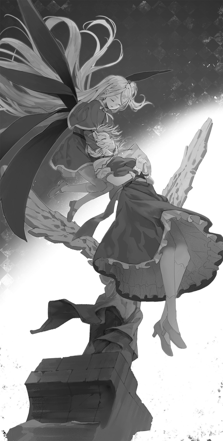 2girls absurdres alice_margatroid capelet closed_eyes dress eho_(icbm) floating flying hands_clasped hands_on_another's_face highres long_hair monochrome multiple_girls shinki short_hair side_ponytail sleeping smile statue touhou touhou_(pc-98) very_long_hair wings