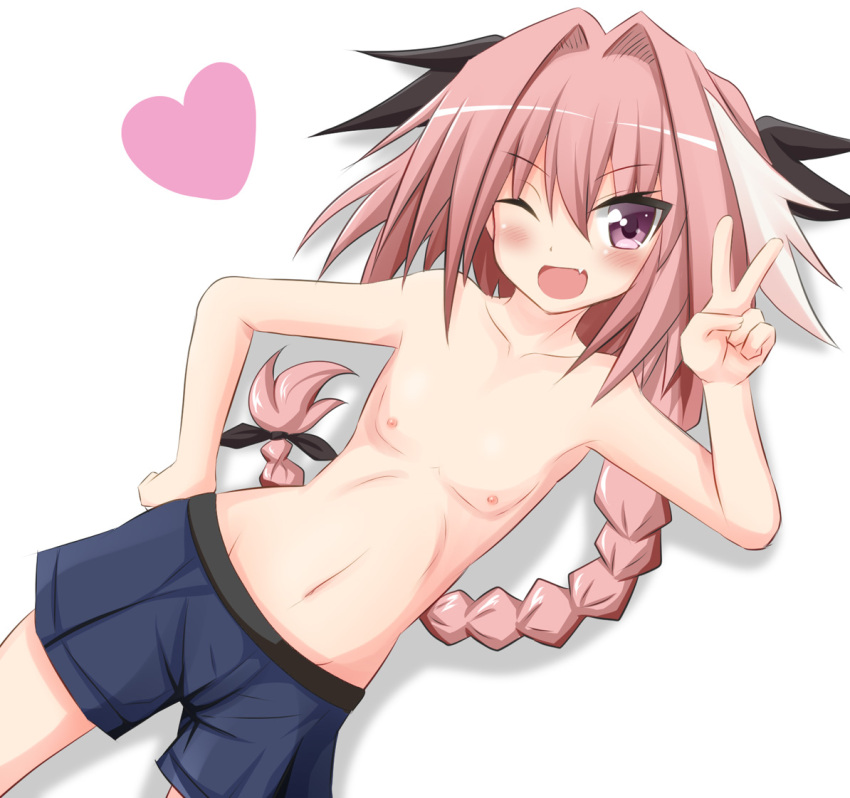 1boy bare_shoulders boxers braid fang fate/apocrypha fate_(series) flat_chest hair_intakes hand_on_hip looking_at_viewer navel nipple_piercing nipples one_eye_closed open_mouth otoko_no_ko piercing pink_eyes pink_hair pointy_ears rider_of_black single_braid smile solo tamayan topless tsurime underwear