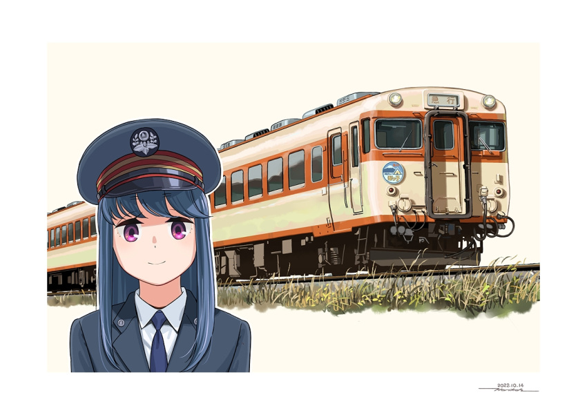 1girl blue_hair blue_jacket blue_necktie border closed_mouth dated ground_vehicle hat horikou inset jacket long_hair looking_at_viewer necktie shima_rin shirt signature smile solo train violet_eyes white_border white_shirt yurucamp