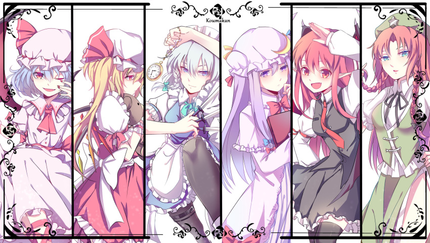 6+girls :d apron arm_above_head bat_wings bending_forward between_fingers black_legwear black_ribbon black_skirt blonde_hair blue_eyes blue_hair book border braid cravat crescent crescent_hair_ornament double_bun dress dress_shirt expressionless fangs fingernails flandre_scarlet flat_cap frown hair_ornament hair_ribbon half-closed_eyes hand_on_hip hand_on_own_face hand_on_own_head hat hat_ribbon head_wings highres hong_meiling izayoi_sakuya knee_up knife koakuma lavender_hair leg_ribbon legband light_smile long_hair long_sleeves looking_at_viewer looking_down maid_headdress mob_cap multiple_girls nail_polish necktie nga_(artist) object_hug one_eye_closed open_mouth pantyhose patchouli_knowledge pocket_watch pointy_ears profile puffy_short_sleeves puffy_sleeves red_eyes red_nails red_necktie redhead remilia_scarlet ribbon robe roman_numerals sharp_fingernails shirt short_hair short_sleeves side_ponytail sidelocks silver_hair simple_background sitting skirt skirt_set smile split_screen star striped striped_dress stuffed_animal stuffed_toy teddy_bear tie_clip touhou tress_ribbon twin_braids violet_eyes waist_apron waistcoat watch white_background wings wrist_cuffs