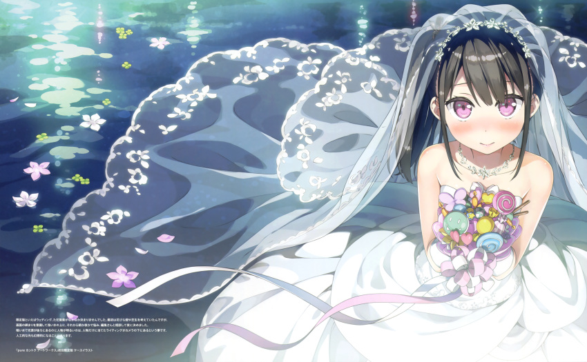 1girl 3: absurdres bangs bare_shoulders black_hair blush bouquet breasts bridal_veil bride closed_mouth collarbone dress elbow_gloves flower from_above gloves hair_ribbon highres holding holding_bouquet huge_filesize jewelry kantoku long_hair looking_at_viewer necklace necktie original plaid ribbon scan shizuku_(kantoku) side_ponytail sidelocks small_breasts smile solo strapless strapless_dress tsurime veil violet_eyes water wedding_dress white_dress white_gloves