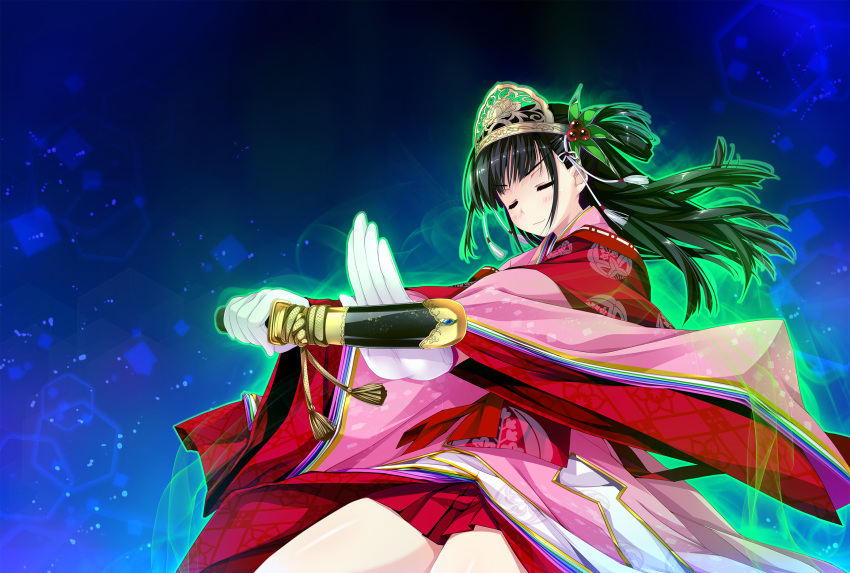 1girl closed_eyes floating_hair game_cg gloves glowing haruru_minamo_ni! headdress highres holding holding_weapon long_hair long_sleeves official_art sheath sheathed shintarou smile solo weapon white_gloves wide_sleeves yamagami_miori