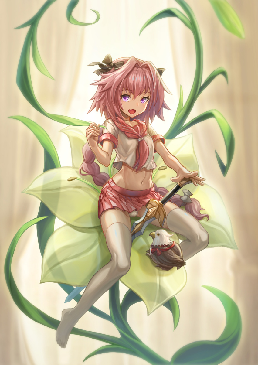 1boy absurdres black_bow bow braid fang fate/apocrypha fate/grand_order fate_(series) hair_ribbon highres hippogriff male_focus navel neckerchief open_mouth otoko_no_ko pink_hair plant pleated_skirt ribbon rider_of_black school_uniform serafuku single_braid skirt smile sword violet_eyes weapon