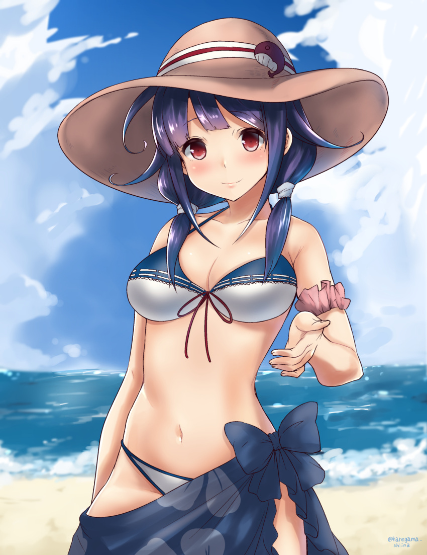 1girl beach bikini blush breasts clouds cloudy_sky day front-tie_bikini front-tie_top hair_ornament haregama_shiina hat highres kantai_collection large_breasts long_hair looking_at_viewer navel ocean purple_hair red_eyes sarong sky smile solo swimsuit taigei_(kantai_collection) twitter_username whale_hair_ornament