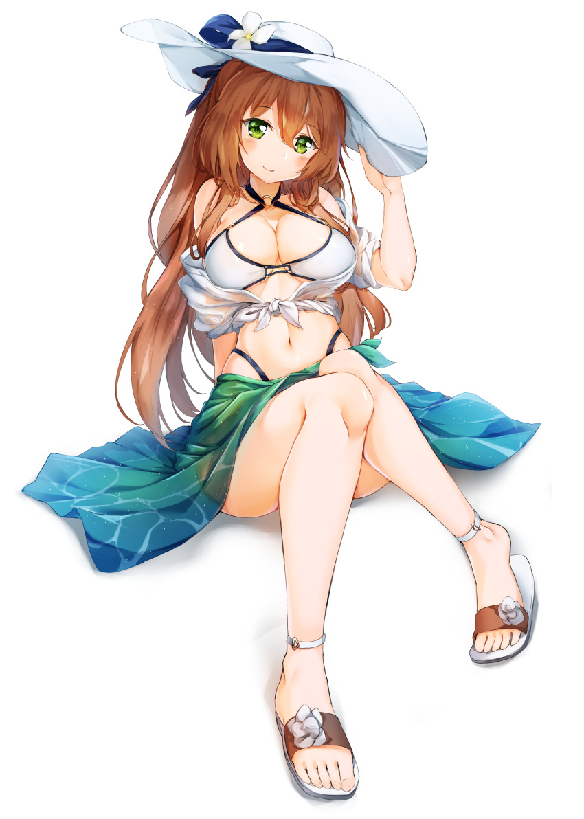 1girl absurdres ankle_strap arm_at_side arm_support bangs bare_shoulders bikini black_bikini_bottom blue_ribbon blush breasts brown_hair cleavage closed_mouth flower front-tie_top full_body girls_frontline green_eyes halter_top halterneck hand_on_headwear hand_up hansal hat hat_flower hat_ribbon highleg highleg_bikini highres knees_together_feet_apart large_breasts long_hair m1903_springfield_(girls_frontline) medium_breasts navel o-ring_bikini off_shoulder open_clothes open_shirt reclining ribbon sandals sarong shirt short_sleeves simple_background smile solo sun_hat swimsuit white_background white_bikini white_flower white_hat white_shirt