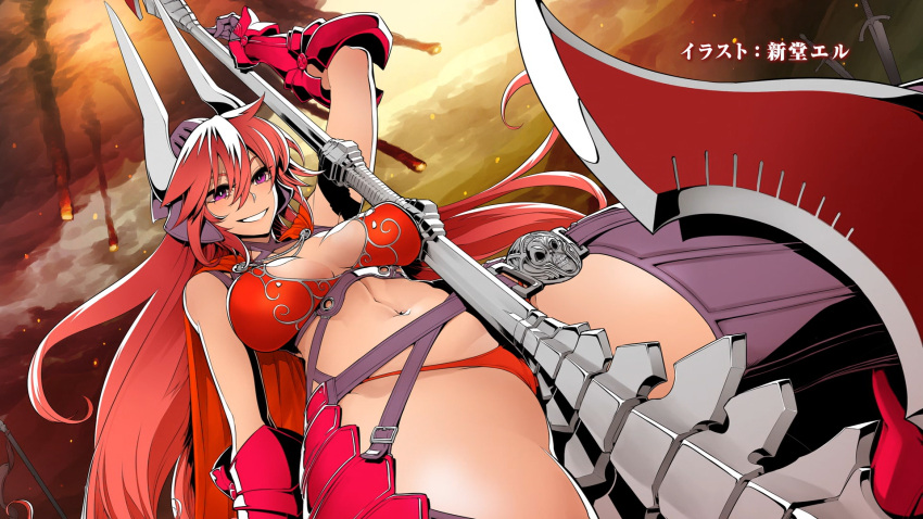 1girl arm_up bare_shoulders breasts cape demon_girl demon_horns end_card foreshortening from_below gauntlets hair_between_eyes halberd helmet highres holding holding_weapon horns large_breasts long_hair looking_at_viewer navel official_art panties parted_lips pointy_ears polearm red_panties redhead satan_(the_seven_deadly_sins) shindou_l smile solo stomach the_seven_deadly_sins thigh-highs underwear violet_eyes weapon