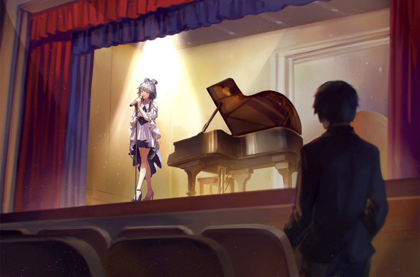 1boy 1girl achyue black_hair curtains dress from_behind hair_ornament hair_rings high_heels inside instrument looking_at_another luo_tianyi microphone microphone_stand music piano silver_hair singing spotlight stage standing vocaloid white_dress