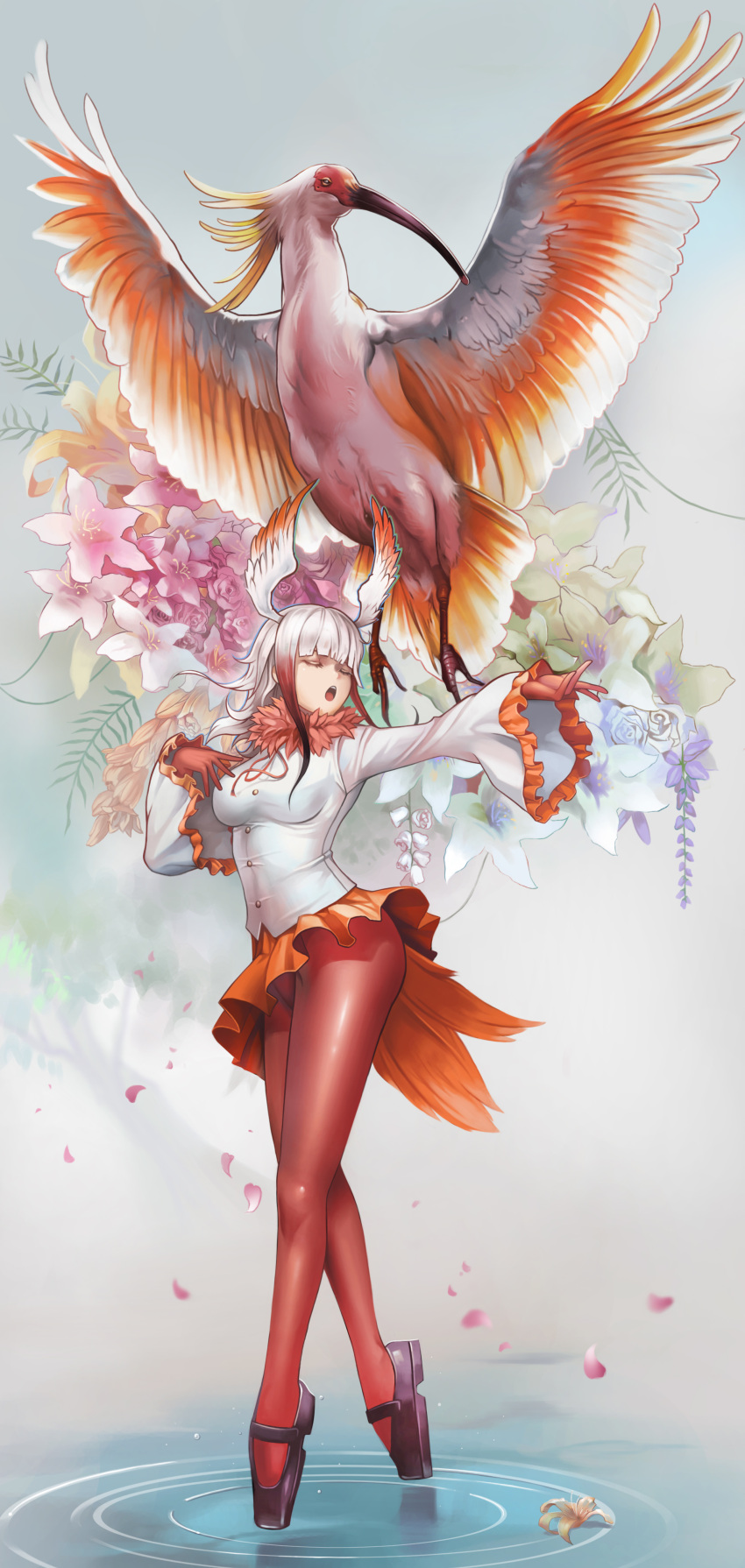 1girl absurdres bangs bird black_shoes blunt_bangs breasts closed_eyes crested_ibis dantewontdie floral_background frilled_sleeves frills from_side full_body gloves grey_background head_wings highres japanese_crested_ibis_(kemono_friends) kemono_friends long_hair long_sleeves mary_janes medium_breasts multicolored_hair open_mouth outstretched_arm pantyhose patreon_reward petals red_gloves red_legwear redhead ripples shirt shoes skirt solo standing tail two-tone_hair white_hair white_shirt