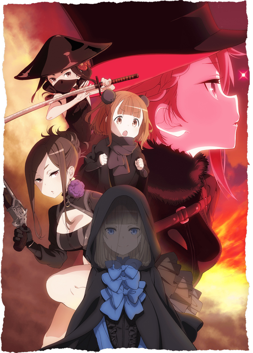 5girls beatrice_(princess_principal) belt black_hat black_scarf blue_bow blue_bowtie blue_eyes bow bowtie breasts brown_eyes brown_hair character_request cleavage covered_mouth double_bun eyebrows_visible_through_hair gun hair_between_eyes hat highres holding holding_gun holding_sword holding_weapon katana large_breasts looking_at_viewer multiple_girls open_mouth parted_lips princess_principal red_eyes redhead scarf sidelocks smile sword weapon