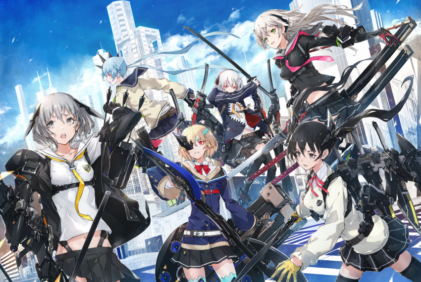 6+girls arrow black_hair blonde_hair blue_hair bow_(weapon) city eyepatch gloves grey_eyes grey_hair headgear highres holster long_hair multiple_girls navel original pleated_skirt quiver school_uniform serafuku short_hair silver_hair skirt sword thigh-highs thigh_holster weapon yucca-612