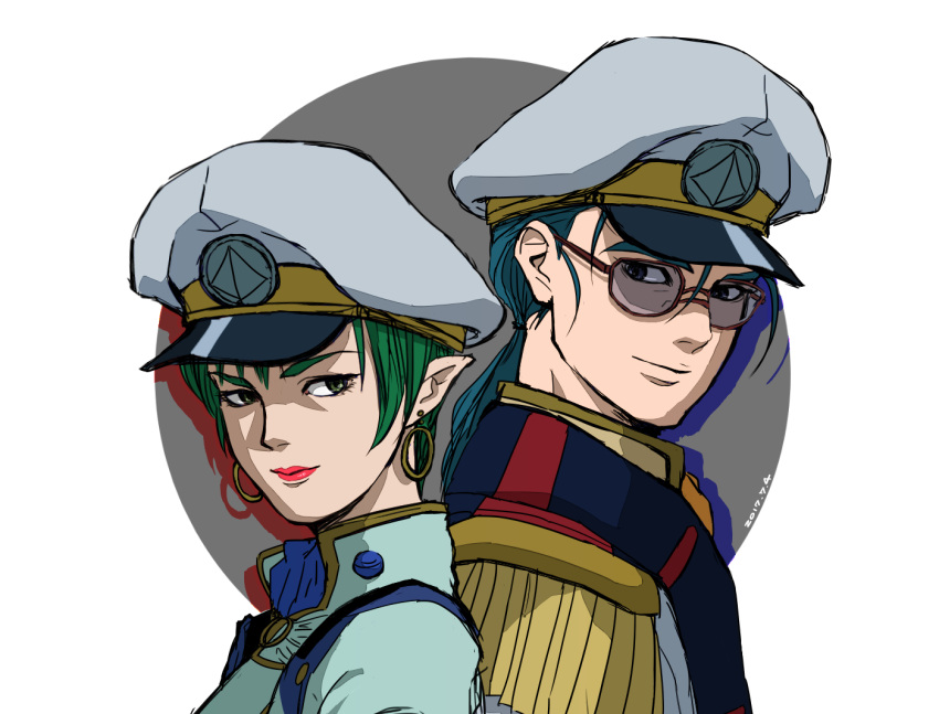 blue_hair commentary commentary_request earrings green_eyes green_hair hat jewelry lin_shu lipstick macross macross_7 makeup maximilian_jenius military military_uniform millia_jenius pointy_ears ponytail u.n._spacy uniform upper_body