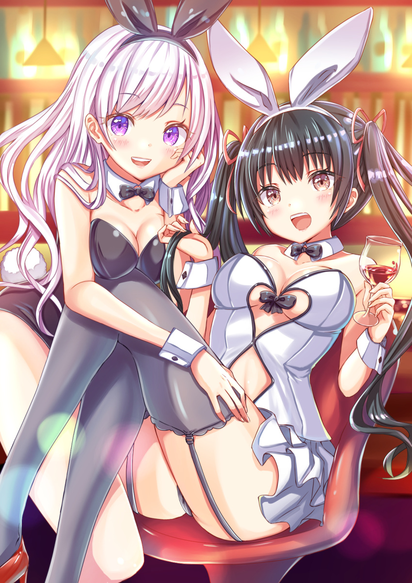 2girls black_hair blush breasts bunnysuit character_request cleavage copyright_request cup drinking_glass eyebrows_visible_through_hair garter_straps grey_legwear hair_ribbon hairband highres holding_glass large_breasts long_hair looking_at_viewer multiple_girls open_mouth pink_hair red_ribbon ribbon smile teeth tenzeru thigh-highs twintails violet_eyes wine_glass