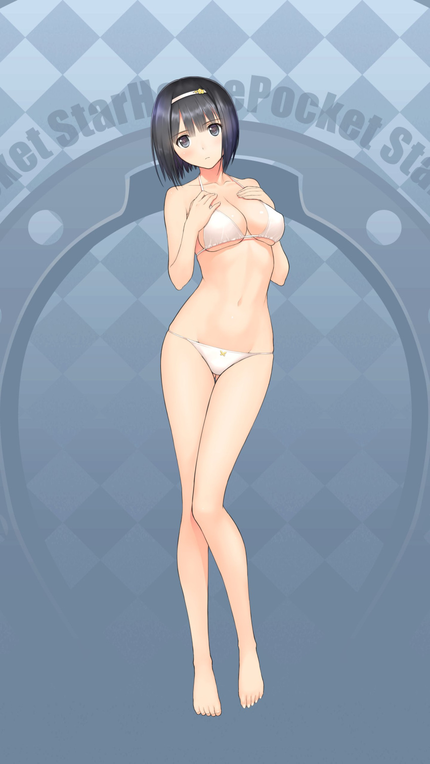 1girl :d absurdres ass_visible_through_thighs bare_legs barefoot bikini black_eyes black_hair breast_suppress breasts cleavage full_body hairband halterneck hands_on_own_chest highres looking_at_viewer medium_breasts navel open_mouth short_hair smile solo swimsuit tanaka_takayuki white_bikini