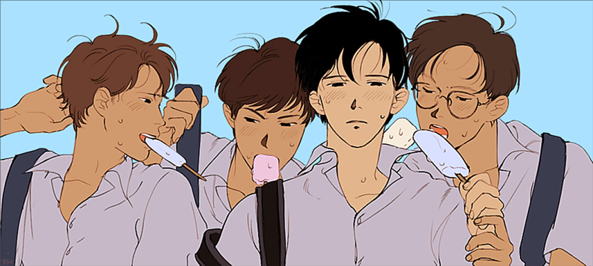 4boys arm_up bag biting black_hair blue_background blush boku_(reito-suimin0405) brown_hair dress_shirt eating food glasses half-closed_eyes hand_on_own_head holding looking_at_viewer looking_away male_focus messy_hair mouth_hold multiple_boys open_mouth original popsicle profile shirt short_shorts shorts simple_background sweat wind wrist_grab