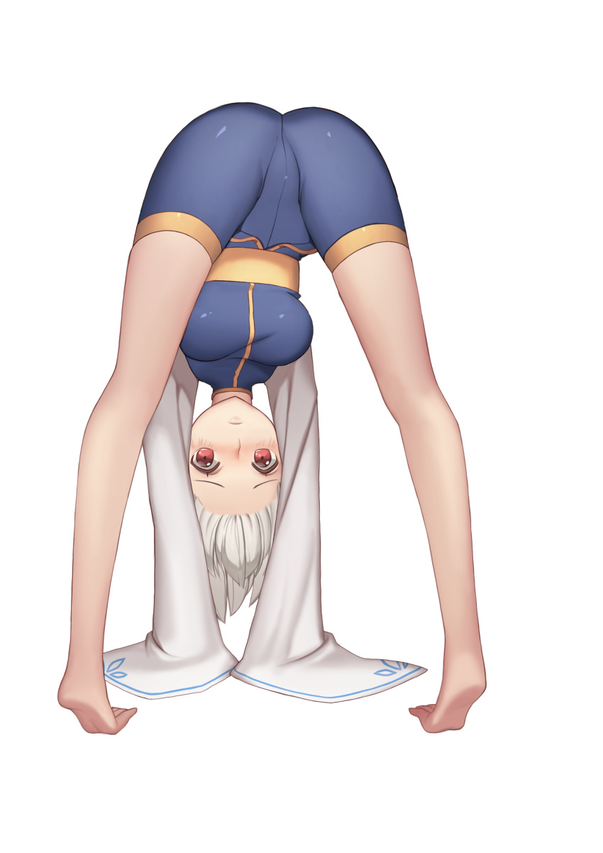 1girl absurdres ass bare_legs barefoot bike_shorts blush breasts chyo closed_mouth dungeon_and_fighter full_body grey_hair highres large_breasts looking_at_viewer looking_through_legs red_eyes sash simple_background solo thighs turtleneck upside-down white_background wide_sleeves