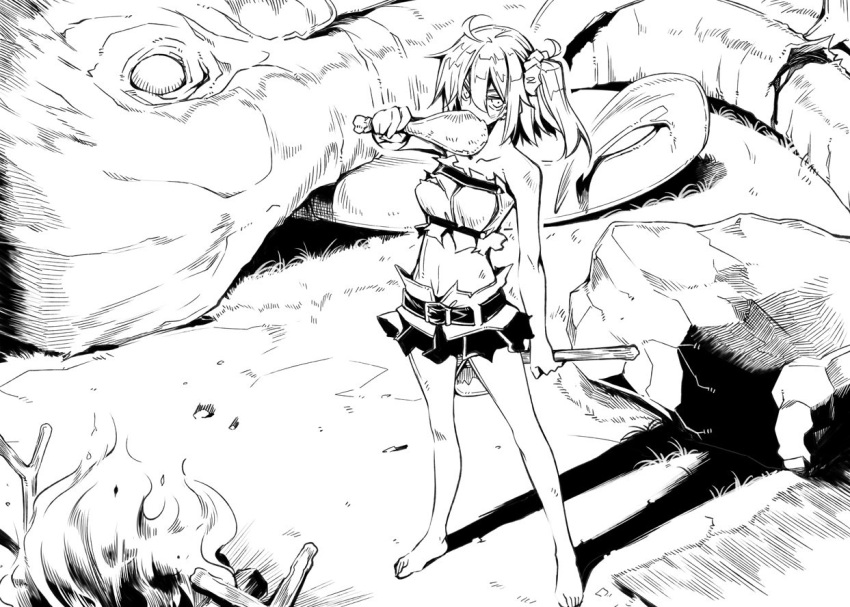 10mo 1girl ahoge axe barbarian bare_arms bare_legs bare_shoulders barefoot belt blood bone campfire commentary death dirt empty_eyes fate/grand_order fate_(series) fire food fujimaru_ritsuka_(female) grass hair_between_eyes mammoth meat miniskirt navel ponytail roasting rock short_hair side_ponytail skirt sleeveless solo_focus stick strapless time_travel toes torn_clothes tubetop tusks weapon