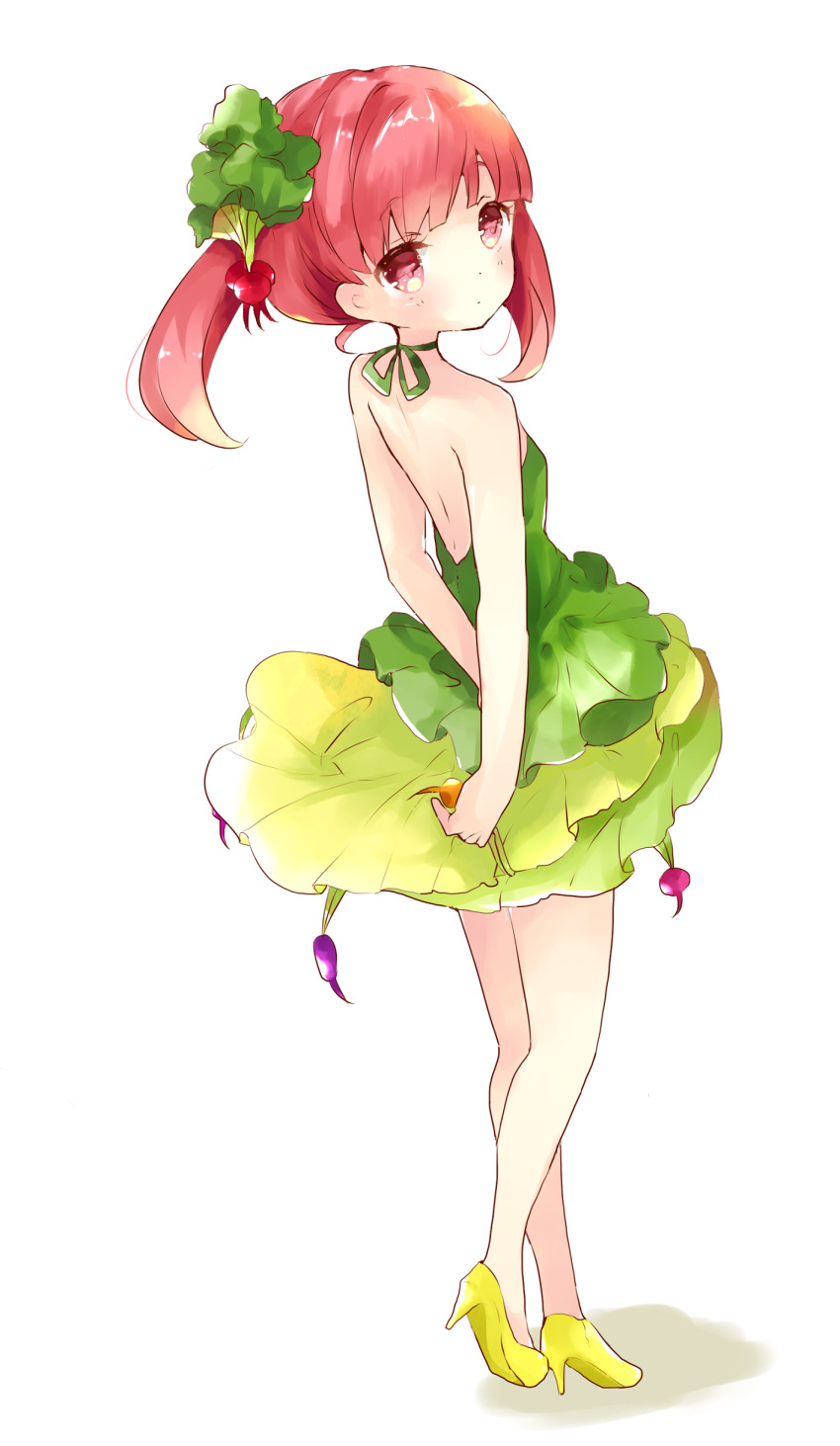 1girl absurdres arms_behind_back bangs bare_legs bare_shoulders blunt_bangs blush commentary dress eyebrows_visible_through_hair food_themed_hair_ornament green_dress green_ribbon hair_ornament high_heels highres layered_dress looking_at_viewer looking_back neck_ribbon open-back_dress original personification radish red_eyes redhead ribbon shoes short_twintails simple_background solo strapless strapless_dress tsukiyo_(skymint) twintails walking white_background yellow_shoes