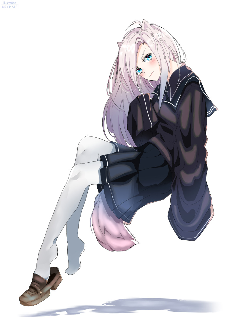1girl absurdres animal_ears black_skirt blue_eyes blush closed_mouth dog_ears dog_tail eyebrows_visible_through_hair highres looking_at_viewer no_shoes original pantyhose rachel_bouvier shoe_dangle single_shoe skirt sleeves_past_wrists solo tail white_hair white_legwear