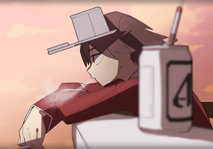 1girl beer_can blurry brown_eyes brown_hair can cigarette depth_of_field from_side highres holding holding_cigarette kantai_collection profile ryuujou_(kantai_collection) smoke smoking solo twintails upper_body visor_cap zhui