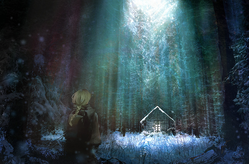 androgynous backpack bag bare_tree blonde_hair braid braided_ponytail brown_coat coat day faux_traditional_media forest from_behind nature original outdoors shack single_braid snow sonna_watashi sunlight tree winter