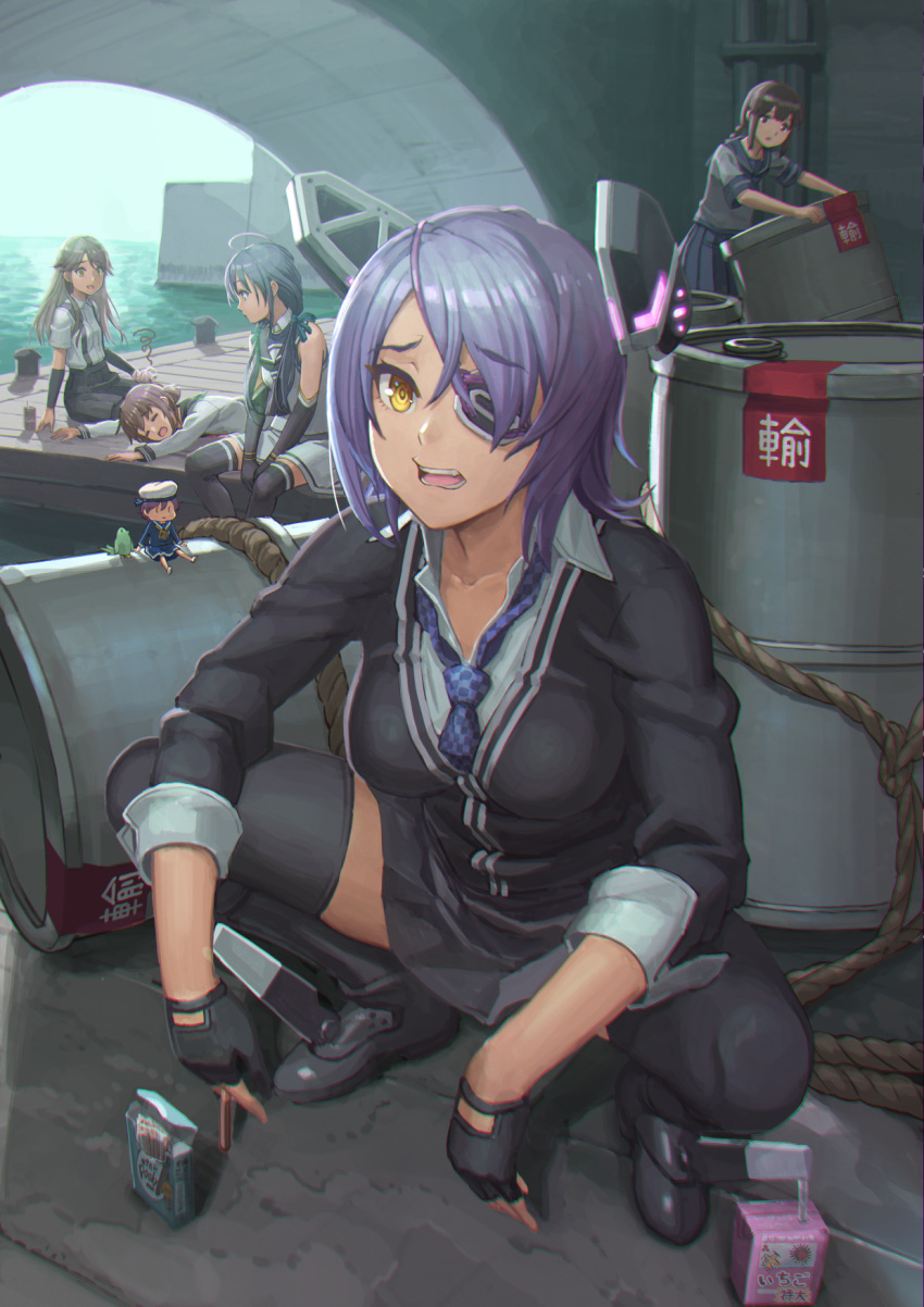 6+girls arashio_(kantai_collection) arm_warmers black_gloves black_legwear black_skirt blue_hair blue_sailor_collar blue_skirt braid brown_eyes brown_hair cardigan checkered checkered_necktie eyepatch fairy_(kantai_collection) fingerless_gloves folded_ponytail food gloves grey_skirt headgear highres inazuma_(kantai_collection) kantai_collection long_hair multiple_girls necktie open_mouth pleated_skirt pocky purple_hair sailor_collar school_uniform serafuku shirt short_hair short_sleeves single_braid skirt suspenders suzukaze_(kantai_collection) tan_taka teeth tenryuu_(kantai_collection) thigh-highs uranami_(kantai_collection) white_shirt