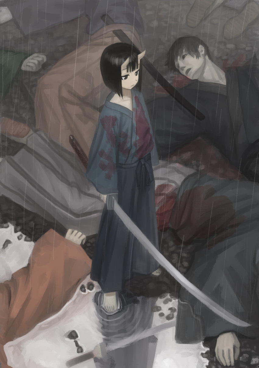 1girl absurdres bangs barefoot black_eyes black_hair blood blood_splatter bloody_clothes blue_robe corpse death dot_nose expressionless from_above highres holding holding_sword holding_weapon japanese_clothes looking_afar murder oni oni_horns ootachi original puddle puffy_sleeves rain short_hair standing sword wasabi60 weapon