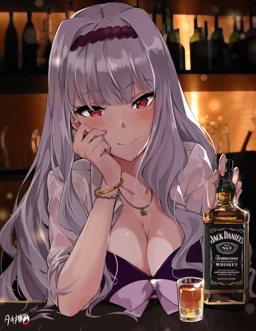 1girl alcohol arm_support bar blush bottle bracelet breasts cleavage cup drinking_glass earrings hairband highres idolmaster jack_daniel's jewelry large_breasts long_hair looking_at_viewer necklace open_clothes open_shirt red_eyes shijou_takane shirt shot_glass silver_hair smile solo tuxedo_de_cat whiskey