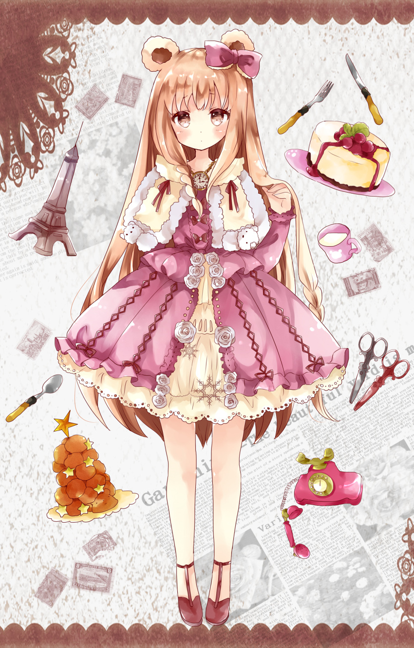 1girl absurdres animal_ears bear_ears bow bow_dress braid brown_eyes capelet cheesecake commentary corded_phone cup dress eiffel_tower eyebrows_visible_through_hair flower food fork fur-trimmed_capelet hair_bow highres jewelry knife lace lace-trimmed_dress layered_dress light_brown_hair long_hair long_sleeves looking_at_viewer milk mug necklace no_socks original phone pink_bow pink_dress pocket_watch red_bow rose rotary_phone scissors solo spoon stamp standing star strappy_heels tsukiyo_(skymint) very_long_hair watch
