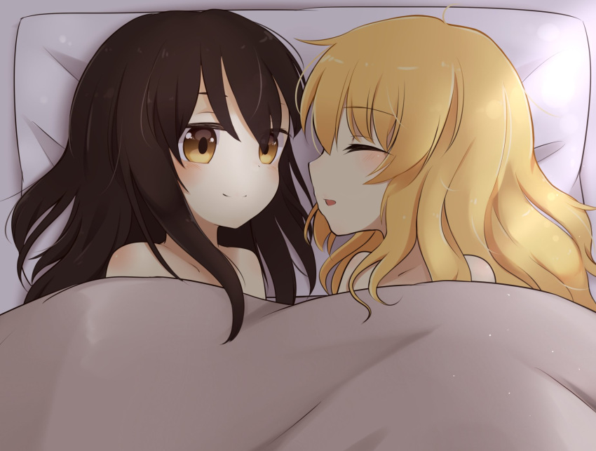 2girls ^_^ bare_shoulders blanket blonde_hair blush brown_eyes brown_hair closed_eyes commentary couple futon hakurei_reimu happy highres kirisame_marisa long_hair looking_at_another multiple_girls no_hair_bow no_hair_ornament nude parted_lips riza_dxun shared_blanket shared_pillow sleeping smile touhou wavy_hair yuri