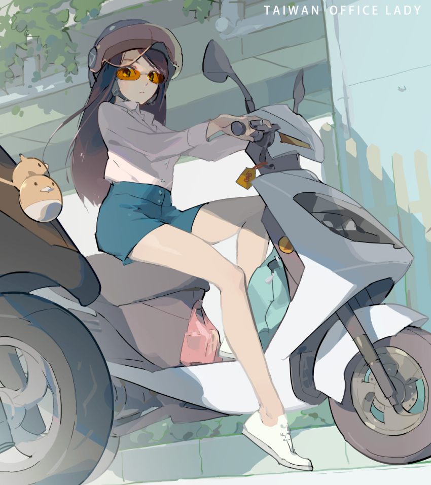 bag blue_skirt brown_hair ground_vehicle helmet highres motor_vehicle office_lady_taiwan original scooter shirt shoes skirt sunglasses tennohi white_shirt white_shoes