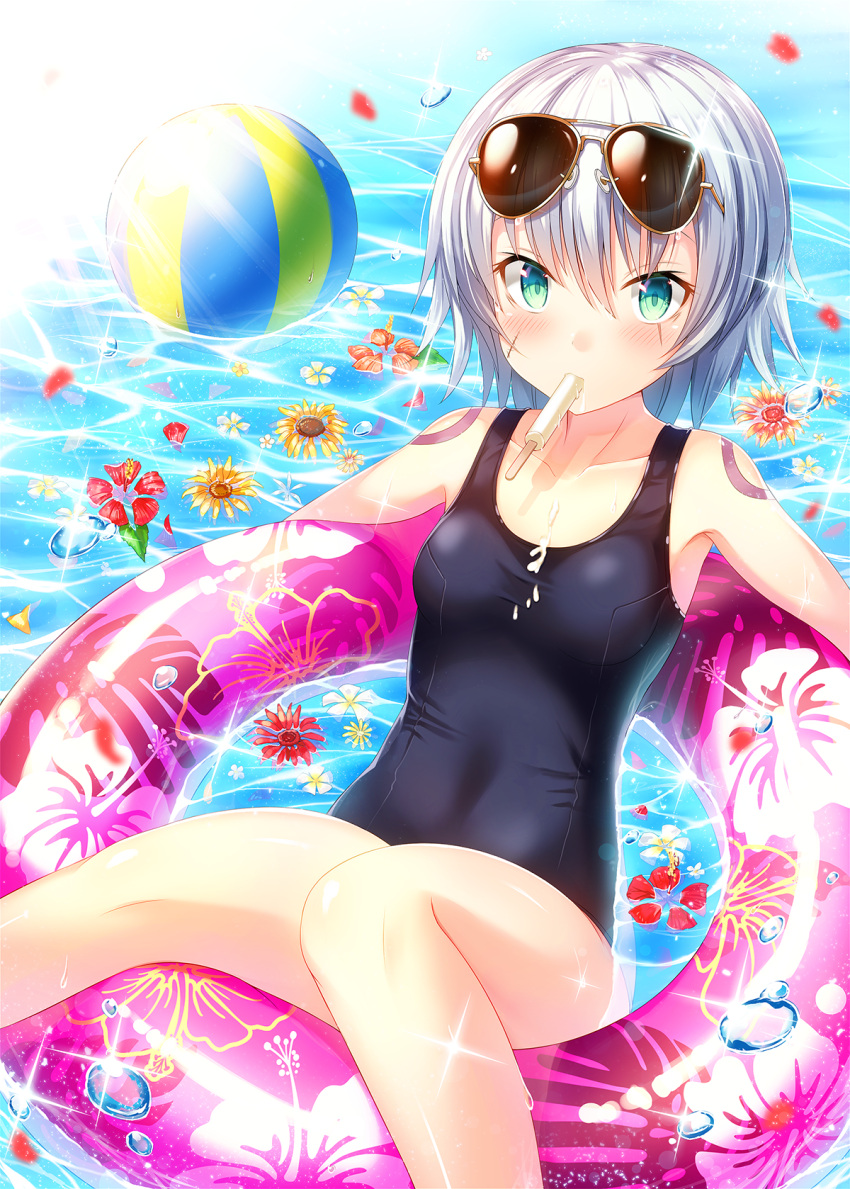 1girl afloat assassin_of_black ball beachball blush breasts fate/apocrypha fate_(series) flower food green_eyes highres looking_at_viewer melting popsicle scar school_swimsuit short_hair silver_hair small_breasts solo sunglasses sunglasses_on_head sunlight sunsuke swimsuit