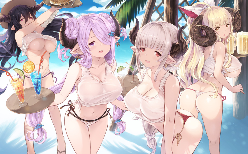4girls alcohol alicia_(granblue_fantasy) anila_(granblue_fantasy) bandage bandaged_arm beer beer_mug bikini blonde_hair blush breasts cait cleavage crop_top danua demon_horns doraf drink earrings food glass granblue_fantasy hair_between_eyes hair_over_one_eye hat highres horns jewelry large_breasts lavender_hair long_hair looking_at_viewer low-tied_long_hair midriff multiple_girls narumeia_(granblue_fantasy) navel open_mouth pasta pointy_ears red_eyes sheep_horns shirt side-tie_bikini silver_hair smile spaghetti swimsuit thong thong_bikini tied_shirt tray twintails white_bikini yellow_eyes
