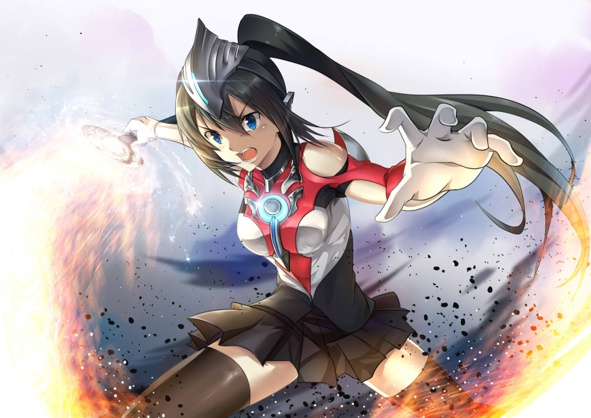 1girl absurdres bangs bare_shoulders black_hair black_hairband black_legwear black_skirt blue_eyes breasts commentary eyebrows_visible_through_hair fighting_stance fire flaming_sword floating_hair genderswap genderswap_(mtf) glint gloves hair_between_eyes hairband headgear highres holding holding_sword holding_weapon legs_apart long_hair looking_at_viewer medium_breasts open_mouth orbcalibur outstretched_arm pale_skin personification pleated_skirt ponytail pyrokinesis serious skirt solo standing sword taro_(ultrataro) thigh-highs ultra_series ultraman_orb ultraman_orb_(series) weapon white_gloves zettai_ryouiki