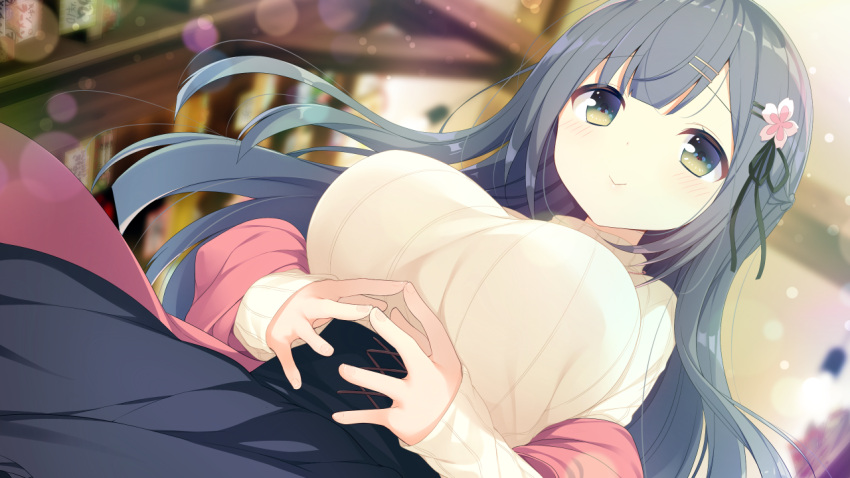 1girl :&gt; anata_ni_koi_suru_ren'ai_recette braid breasts cross-laced_clothes dutch_angle fingers_together game_cg green_eyes grey_hair hair_flaps hair_ornament hair_ribbon hairclip half_updo kagiyoshi_fuuka komeshiro_kasu large_breasts long_hair meme_attire own_hands_together ribbed_sweater ribbon shawl solo sweater turtleneck underbust virgin_killer_outfit