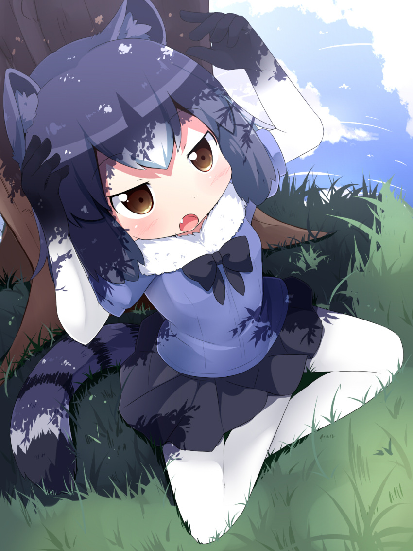 1girl :o animal_ears arms_up black_bow black_bowtie black_hair black_skirt blue_sky bow bowtie brown_eyes clouds commentary_request common_raccoon_(kemono_friends) day fang fur_collar gloves grass highres indian_style kemono_friends makuran multicolored multicolored_clothes multicolored_gloves multicolored_hair outdoors pantyhose raccoon_ears raccoon_tail short_hair sitting skirt sky solo striped_tail tail tree under_tree white_hair white_legwear