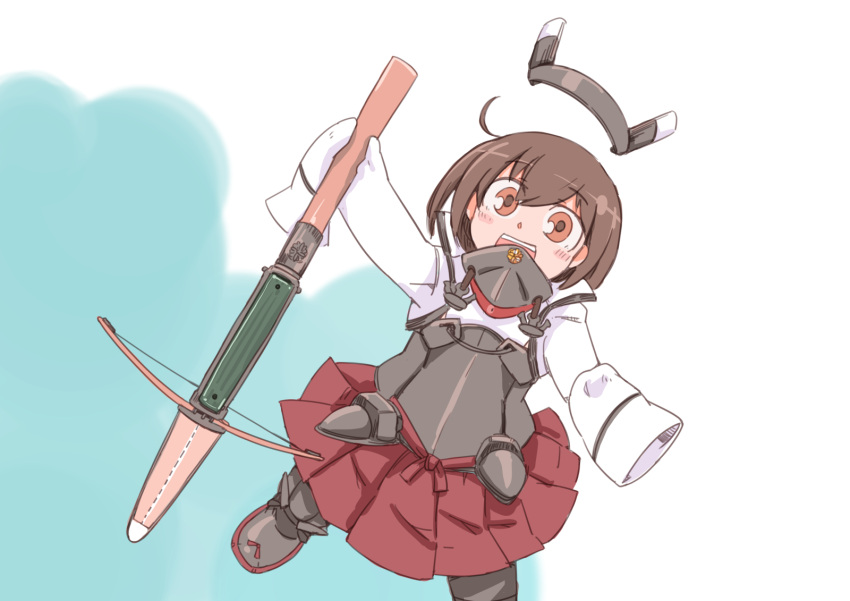1girl age_regression bow_(weapon) brown_eyes brown_hair child crossbow enjaku_izuku headgear_removed highres holding holding_weapon kantai_collection oversized_clothes pleated_skirt skirt sleeves_past_wrists solo taihou_(kantai_collection) weapon younger
