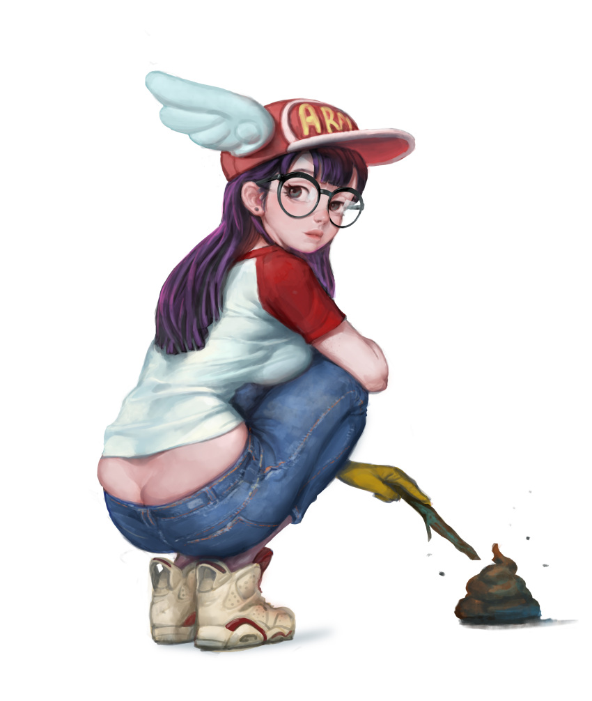 1girl absurdres ass baseball_cap black-framed_eyewear blue_eyes breasts butt_crack closed_mouth commentary denim dr._slump earrings from_behind from_side full_body glasses gloves hat highres holding jeans jewelry kim_junghun large_breasts long_hair looking_at_viewer looking_back norimaki_arale pants poop purple_hair raglan_sleeves round_glasses shirt shoes short_sleeves solo squatting stick white_background white_shoes winged_hat yellow_gloves