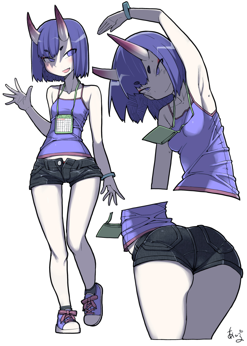 1girl absurdres arm_up armpits ass bare_shoulders bent_over bracelet breasts denim denim_shorts eyebrows_visible_through_hair fate/grand_order fate_(series) highres horns jewelry legs pale_skin purple_hair shoes short_hair shorts shuten_douji_(fate/grand_order) simple_background small_breasts smile sneakers solo sweat tanaka_ahiru thick_eyebrows thighs violet_eyes white_background