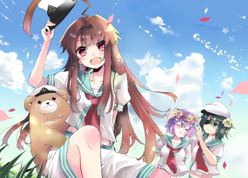 3girls :d ^_^ ahoge animal aqua_sailor_collar bear blue_flower brown_eyes brown_hair closed_eyes eyepatch fang flower green_eyes green_hair hair_between_eyes hair_flower hair_ornament hat holding holding_hat kantai_collection kiso_(kantai_collection) kuma_(kantai_collection) lavender_hair long_hair mitoko_(kuma) multiple_girls neckerchief non-human_admiral_(kantai_collection) open_mouth peaked_cap petals pink_flower red_flower red_neckerchief sailor_collar sailor_hat school_uniform serafuku short_hair short_sleeves shorts smile tama_(kantai_collection) white_hat white_shorts yellow_flower