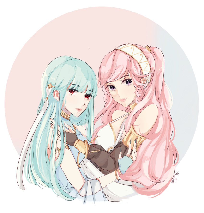 2girls aqua_dress aqua_gloves aqua_hair bare_shoulders black_nails blush braid breasts bridal_gauntlets closed_mouth dress eyebrows_visible_through_hair female fingerless_gloves fire_emblem fire_emblem:_kakusei fire_emblem:_rekka_no_ken fire_emblem_heroes gloves hair_ornament hairband highres hug large_breasts light_blue_hair lips long_hair looking_at_viewer multiple_girls mutual_yuri nail_polish nana_(mizukas) ninian nintendo olivia_(fire_emblem) open_mouth pink_hair ponytail red_eyes silver_hair sleeveless sleeveless_dress smile twin_braids upper_body violet_eyes yuri