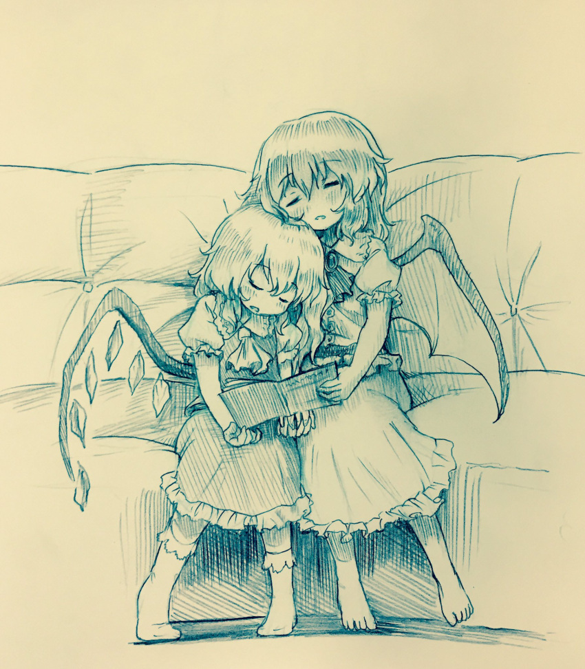 2girls arinu ascot barefoot bat_wings bobby_socks book brooch center_frills closed_eyes commentary_request couch flandre_scarlet highres holding holding_book jewelry monochrome multiple_girls puffy_short_sleeves puffy_sleeves remilia_scarlet short_sleeves siblings sisters sitting skirt sleeping socks touhou traditional_media wings