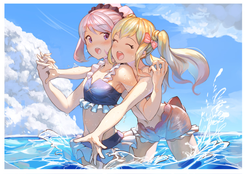 2girls ^_^ aikatsu! aikatsu_stars! blonde_hair blue_eyes blush bow breasts closed_eyes facing_another hair_bow hug hug_from_behind koruse long_hair looking_at_another medium_breasts medium_hair multiple_girls navel nijino_yume open_mouth pink_bow pink_hair sakuraba_rola short_hair smile twintails wading