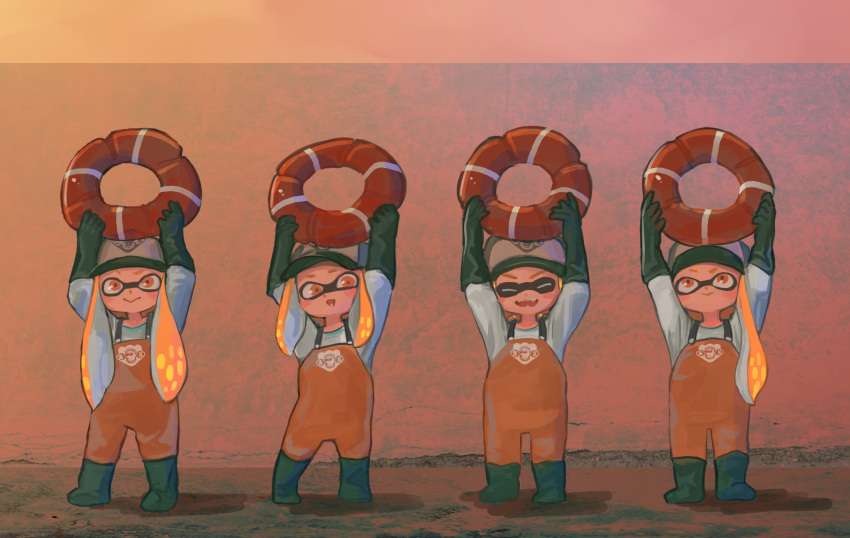 1boy 3girls arms_up baseball_cap boots closed_mouth commentary_request coveralls domino_mask fangs gloves green_boots green_gloves green_hat hair_over_shoulder hat highres holding inkling kashu_(hizake) life_preserver long_hair long_sleeves looking_at_viewer mask multiple_girls open_mouth orange_eyes orange_hair pointy_ears rubber_boots salmon_run shirt short_hair smile splatoon standing tentacle_hair white_shirt