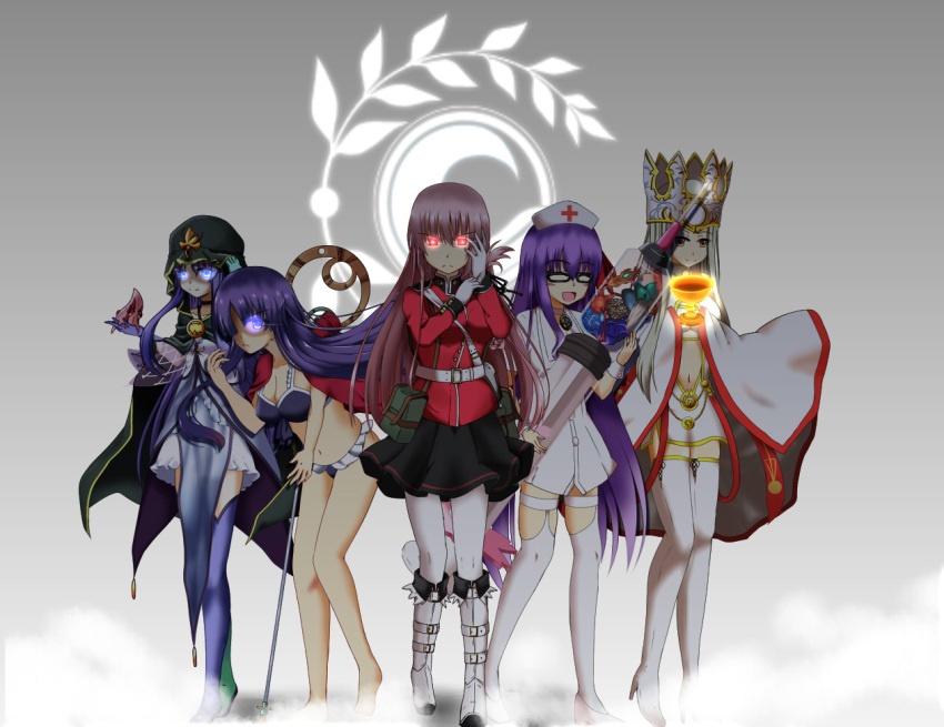 5girls bangs bare_shoulders bb_(fate/extra_ccc) belt bikini blue_eyes blue_hair blush boots braid breasts capelet caster caster_lily cleavage crown dress dress_of_heaven fate/extra fate/extra_ccc fate/grand_order fate_(series) florence_nightingale_(fate/grand_order) gloves glowing glowing_eyes hair_ribbon hat irisviel_von_einzbern irisviel_von_einzbern_(caster) jacket_on_shoulders large_breasts large_syringe long_hair looking_at_viewer magical_girl military military_uniform mismatched_legwear multiple_girls nurse nurse_cap open_mouth oversized_object pink_hair pointy_ears ponytail purple_hair red_eyes ribbon saint_martha saint_martha_(swimsuit_ruler)_(fate) sekibaracheice skirt smile solo strapless strapless_dress swimsuit syringe thigh-highs thigh_boots uniform very_long_hair white_gloves white_hair