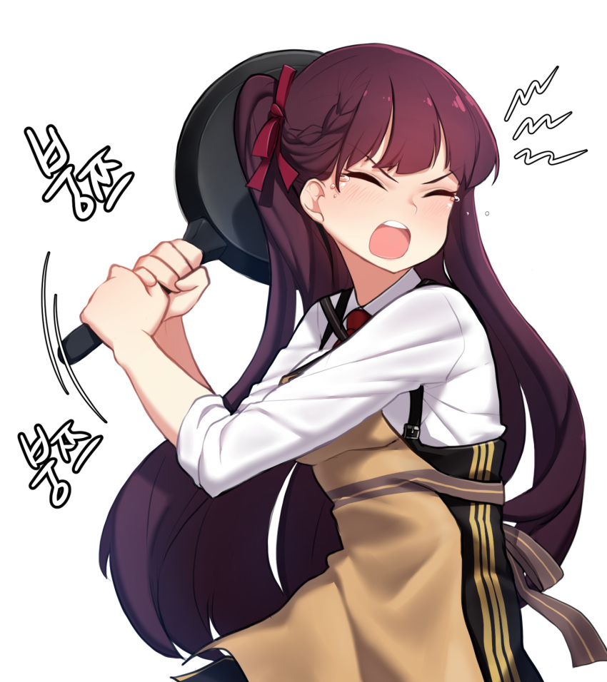 &gt;_&lt; 1girl apron bangs breasts eyebrows_visible_through_hair frying_pan girls_frontline hair_ribbon high-waist_skirt highres holding korean large_breasts long_hair narynn one_side_up open_mouth purple_hair purple_ribbon ribbon simple_background skirt sleeves_rolled_up solo suspender_skirt suspenders tears teeth underbust upper_body wa2000_(girls_frontline) white_background